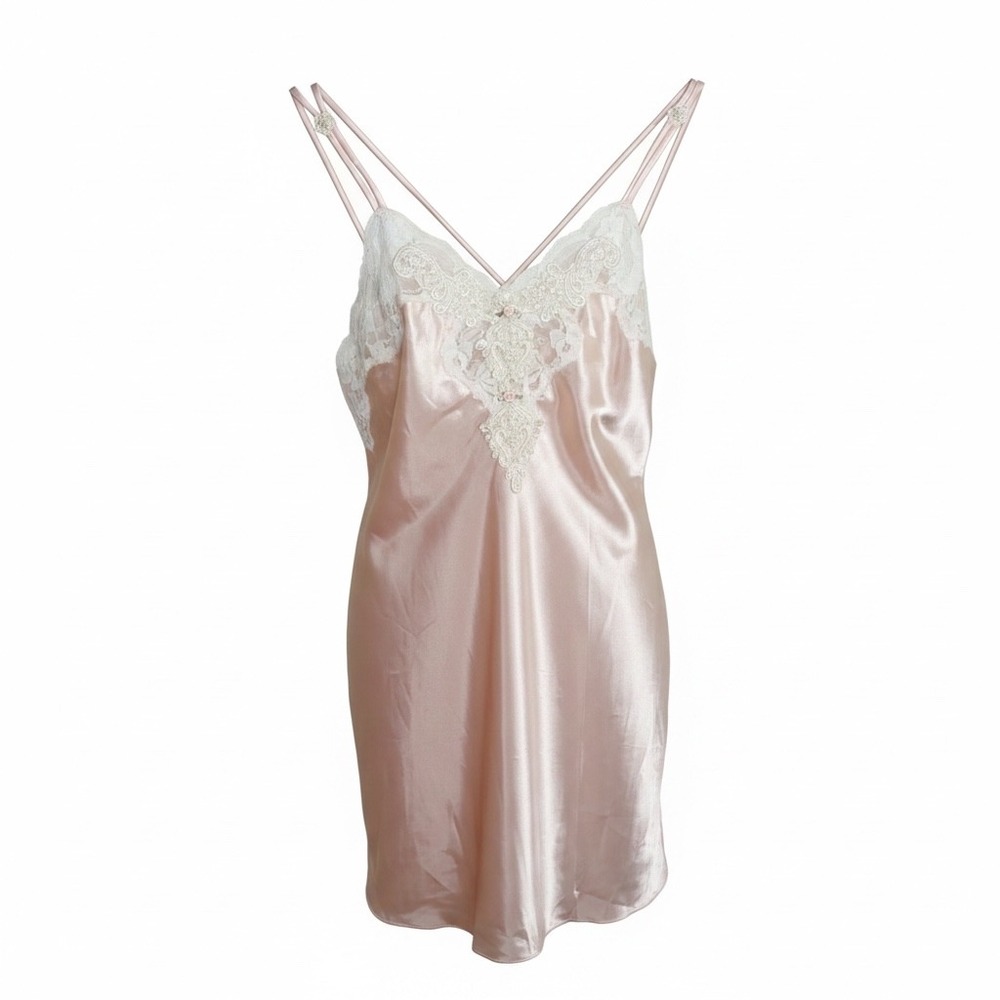California Dynasty Nightgown Womens Medium Pink Satin Lace Trim Vintage Chemise